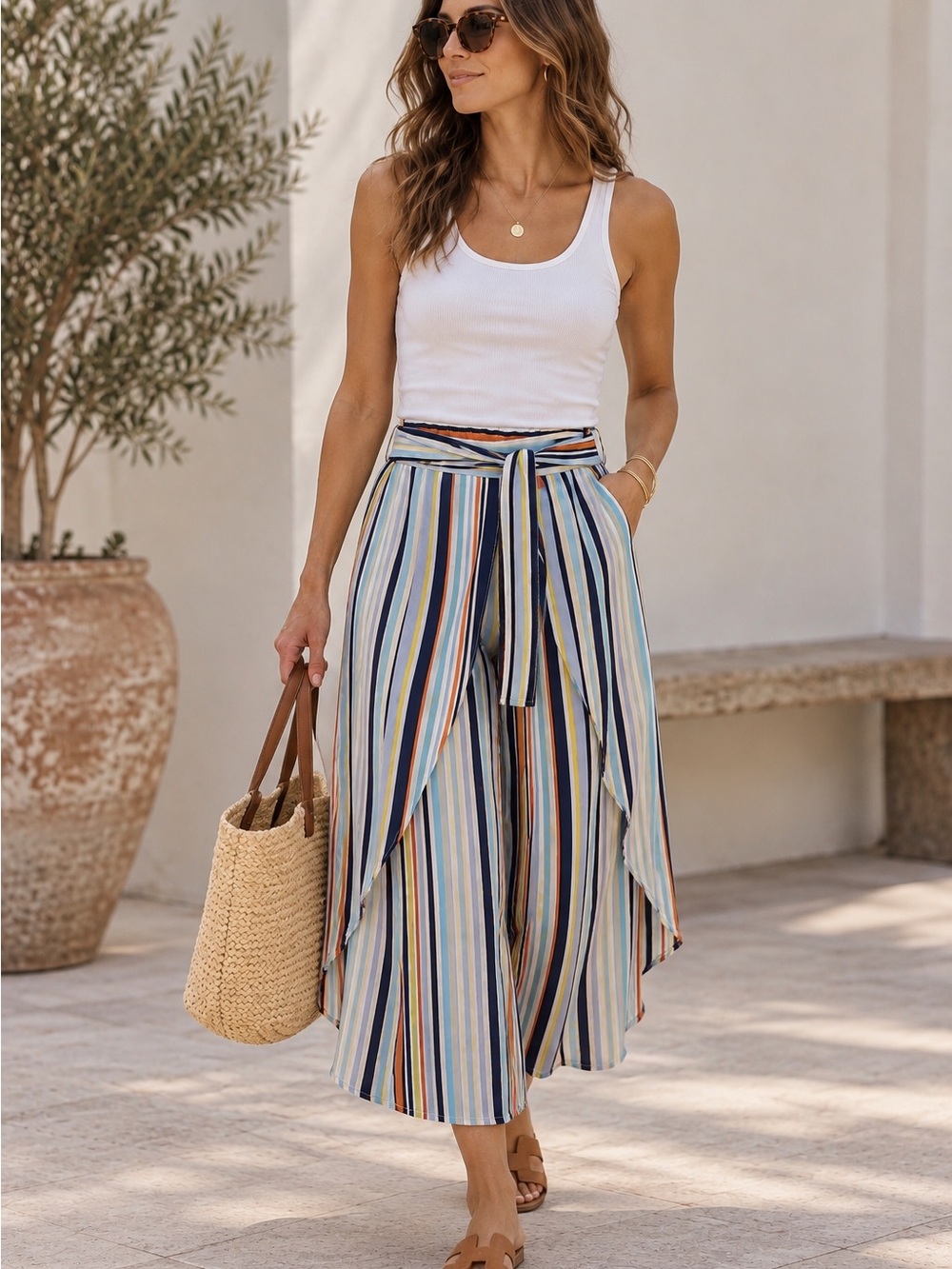 Striped Wide Leg Palazzo Pants High Rise Tie Waist Lightweight Resort Boho
